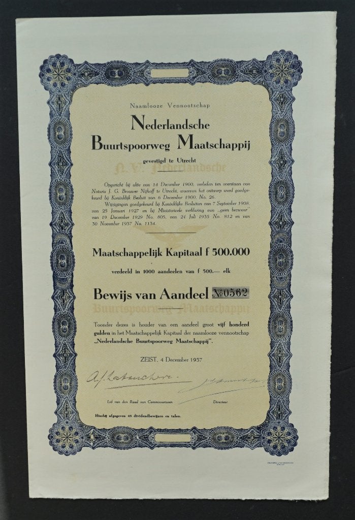 Nederlandsche Buurtspoorweg Maatschappij - Zeist 1937, Postzegels en Munten, Verzenden, 1920 tot 1950, Aandeel
