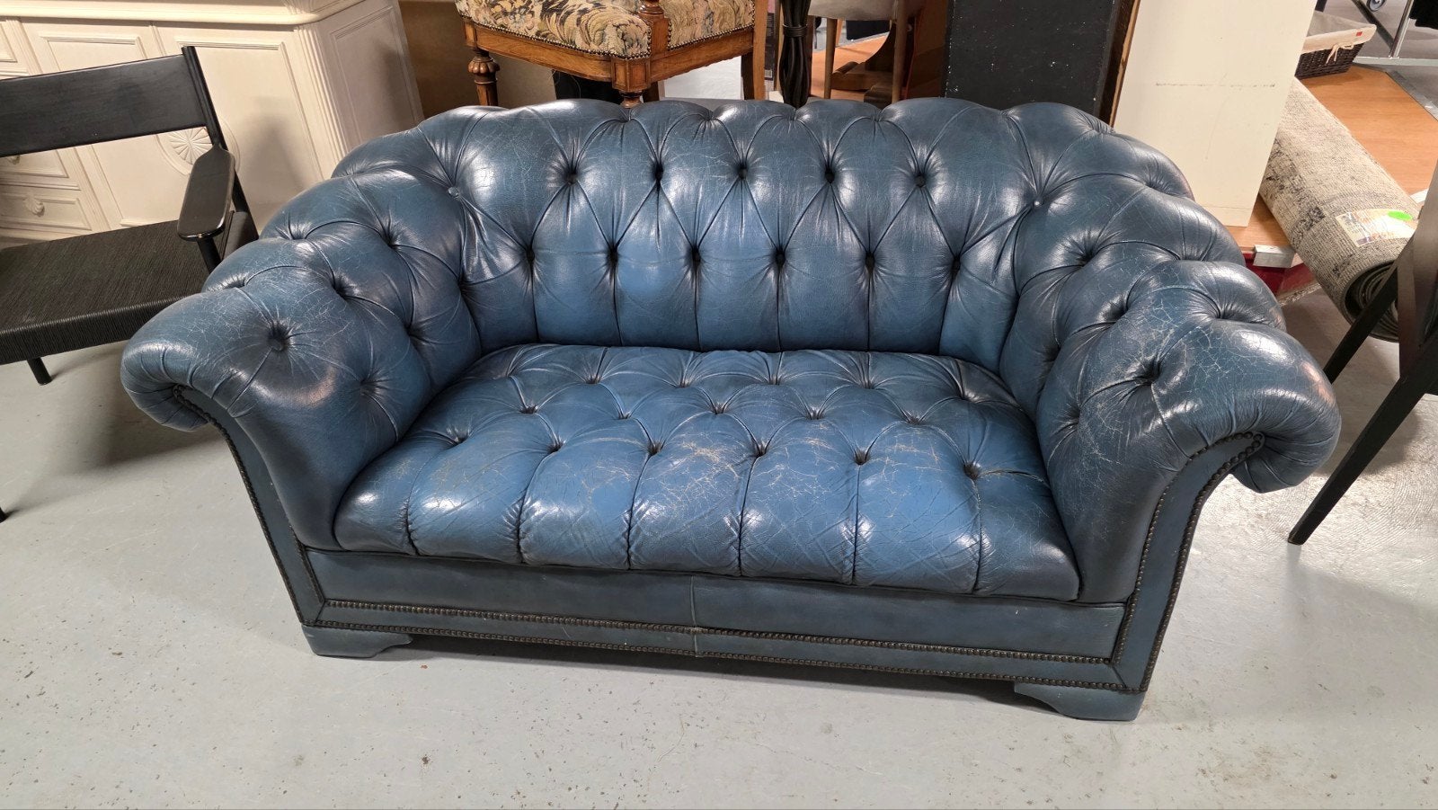 vintage blauw lederen Chesterfield bank, Ophalen