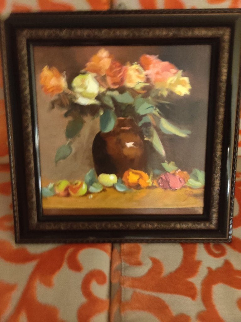 Olieverf schilderij, Stilleven met bloemen en fruit, 36x32cm, Ophalen