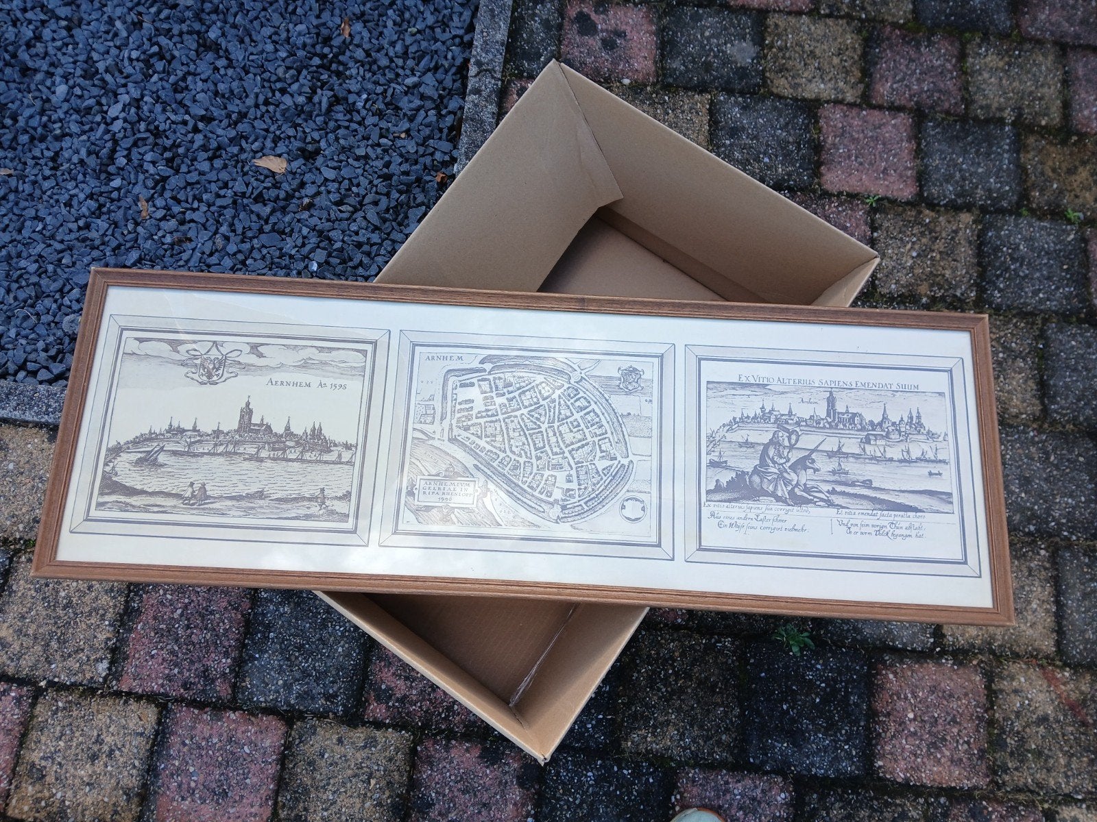 Oude prent van Arnhem - Stadsgezicht en kaart, Ophalen, Stadsgezicht, Gravure, Ingelijst