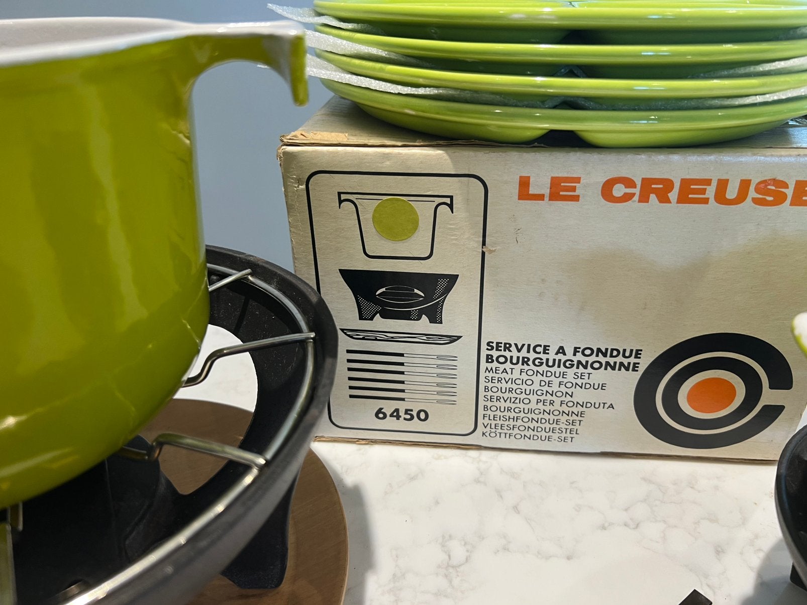 fondue Le Creuset mint groen in de doos + extra set, Gietijzer, Overige typen, Le Creuset, Ophalen of Verzenden