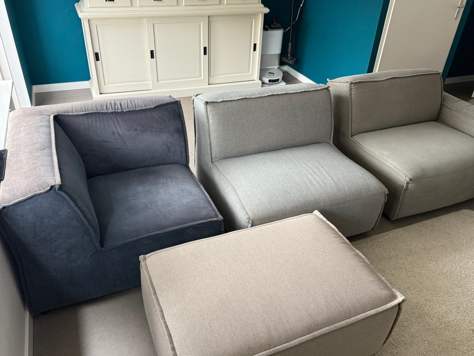 Modulaire bankelementen en poef - Grijs en Blauw, Ophalen, Gebruikt, Stof