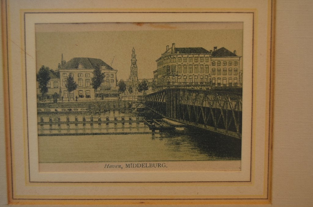 Ets Haven Middelburg, Ingelijst, 22 cm, Ets, Stadsgezicht