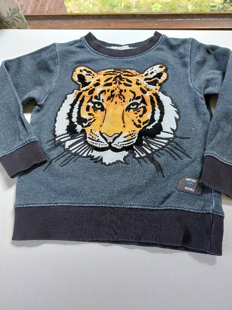 grijze trui met tijgerprint, mt. 98-104, WNF, zwarte boorden, Kinderen en Baby's, Kinderkleding | Maat 98, Gebruikt, Trui of Vest
