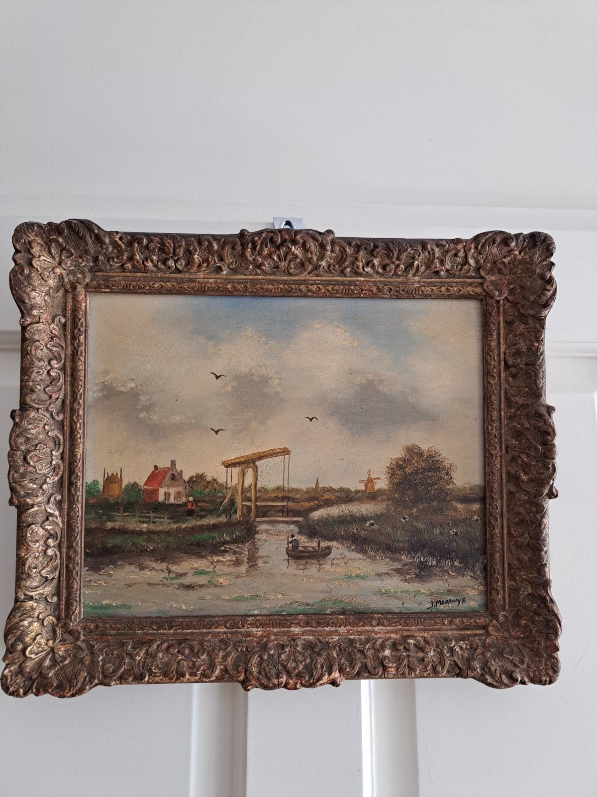 Hollandse School: Man in bootje bij ophaalbrug, J. Moorwyk, Antiek en Kunst, Paneel, Nederlandse school, Ophalen of Verzenden