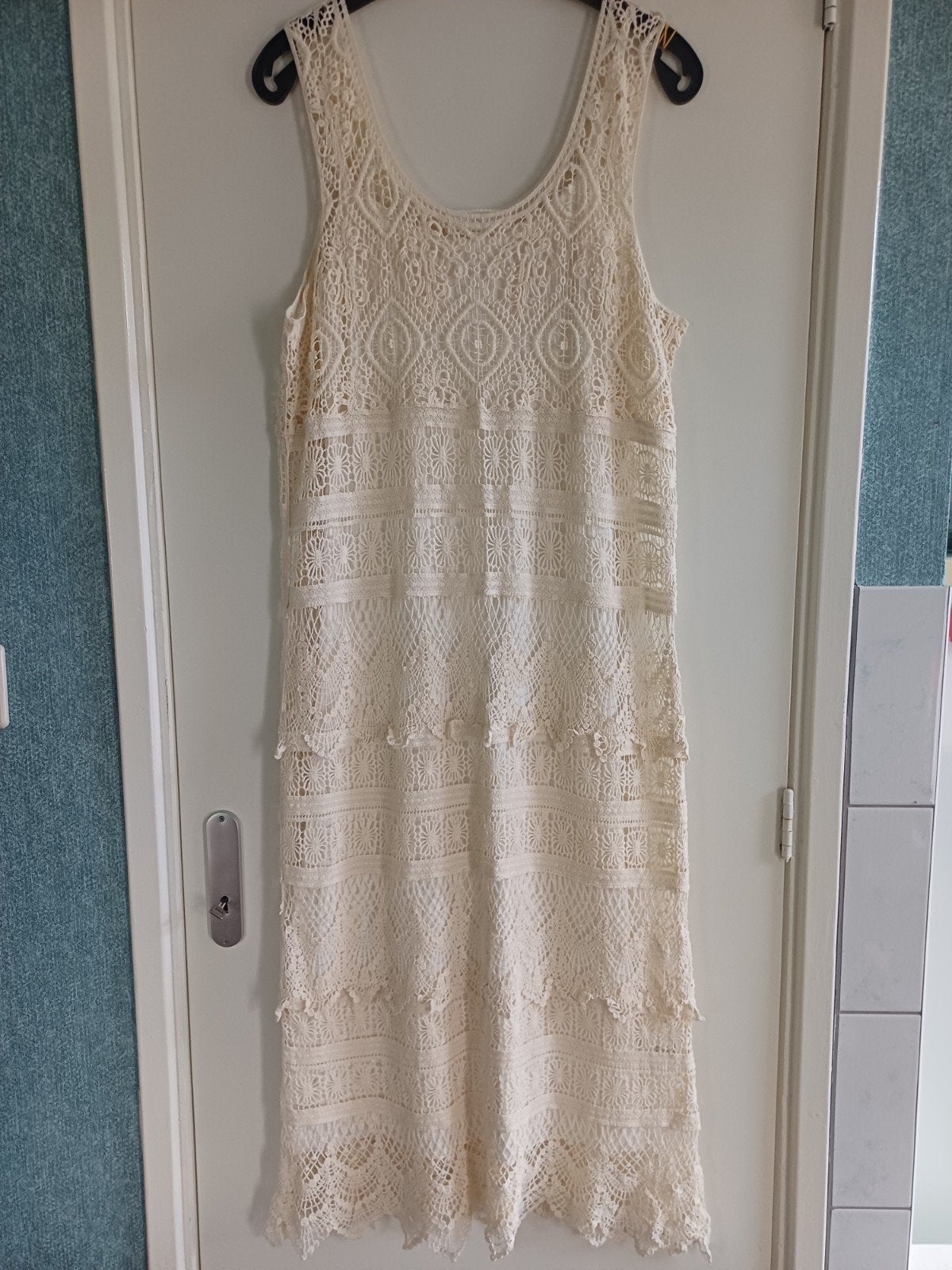 Mooie kant lange mouwloze jurk met onderjurk Ecru, mt 44/46, O, O, Maat 46/48 (XL) of groter, Nieuw