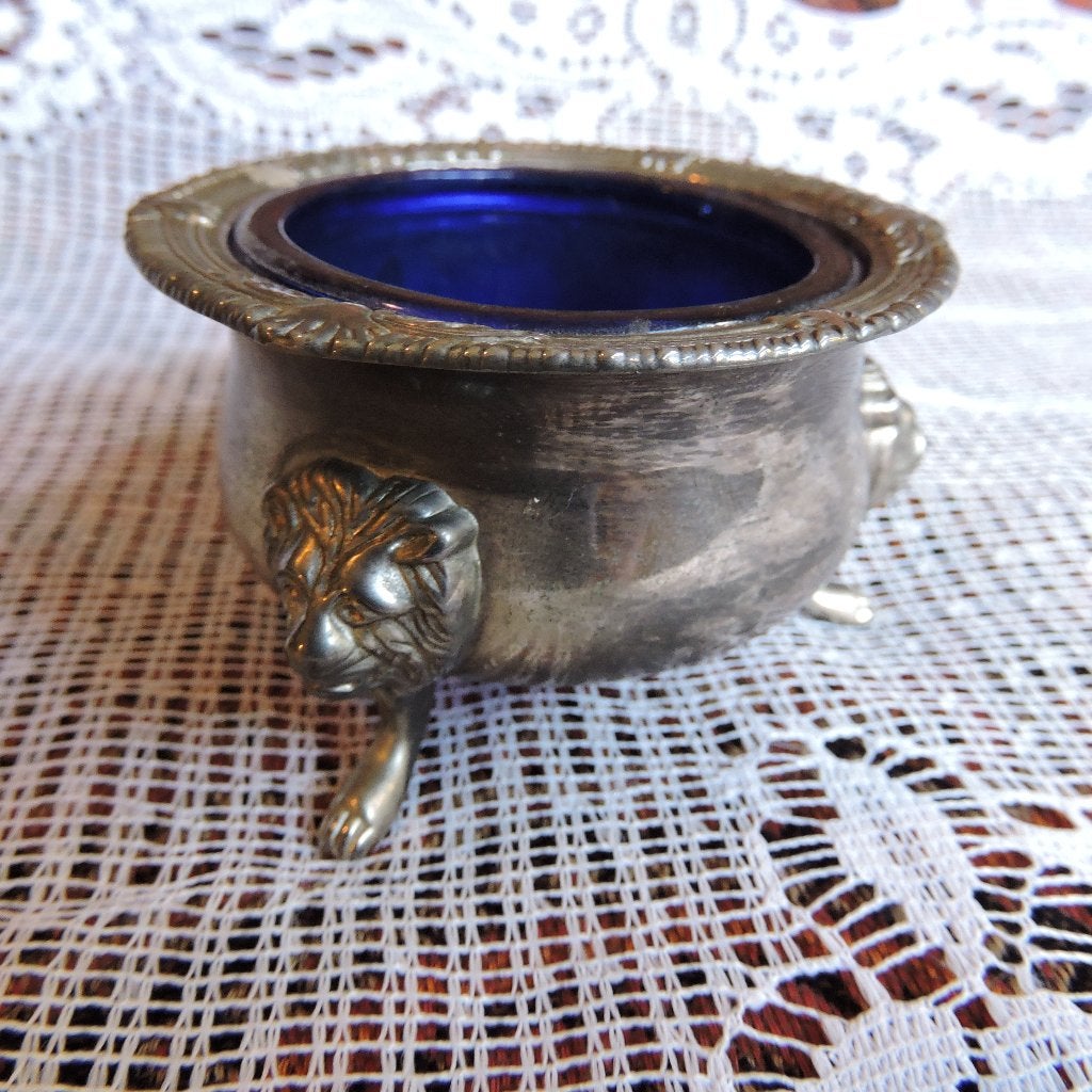 Vintage verzilverde zoutvaatje leeuwenkoppoten glas, Antiek en Kunst, Ophalen of Verzenden