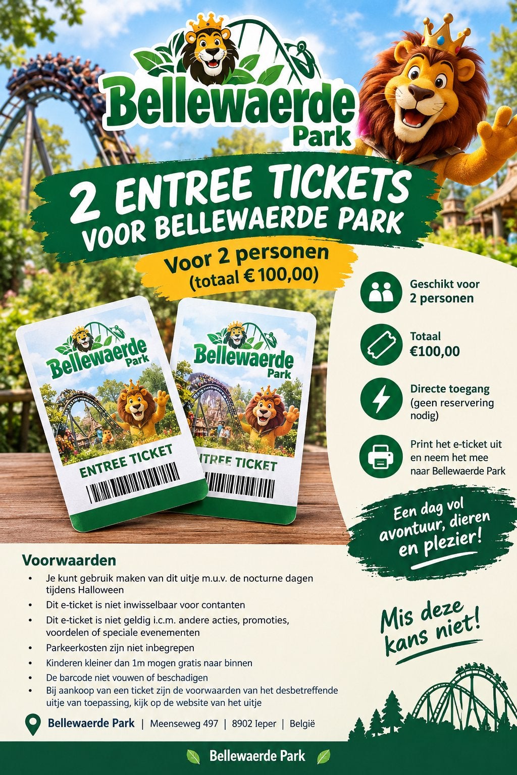 Twee entreetickets te koop voor Bellewaerde Park in Belgie!, Eén persoon, Ticket of Toegangskaart
