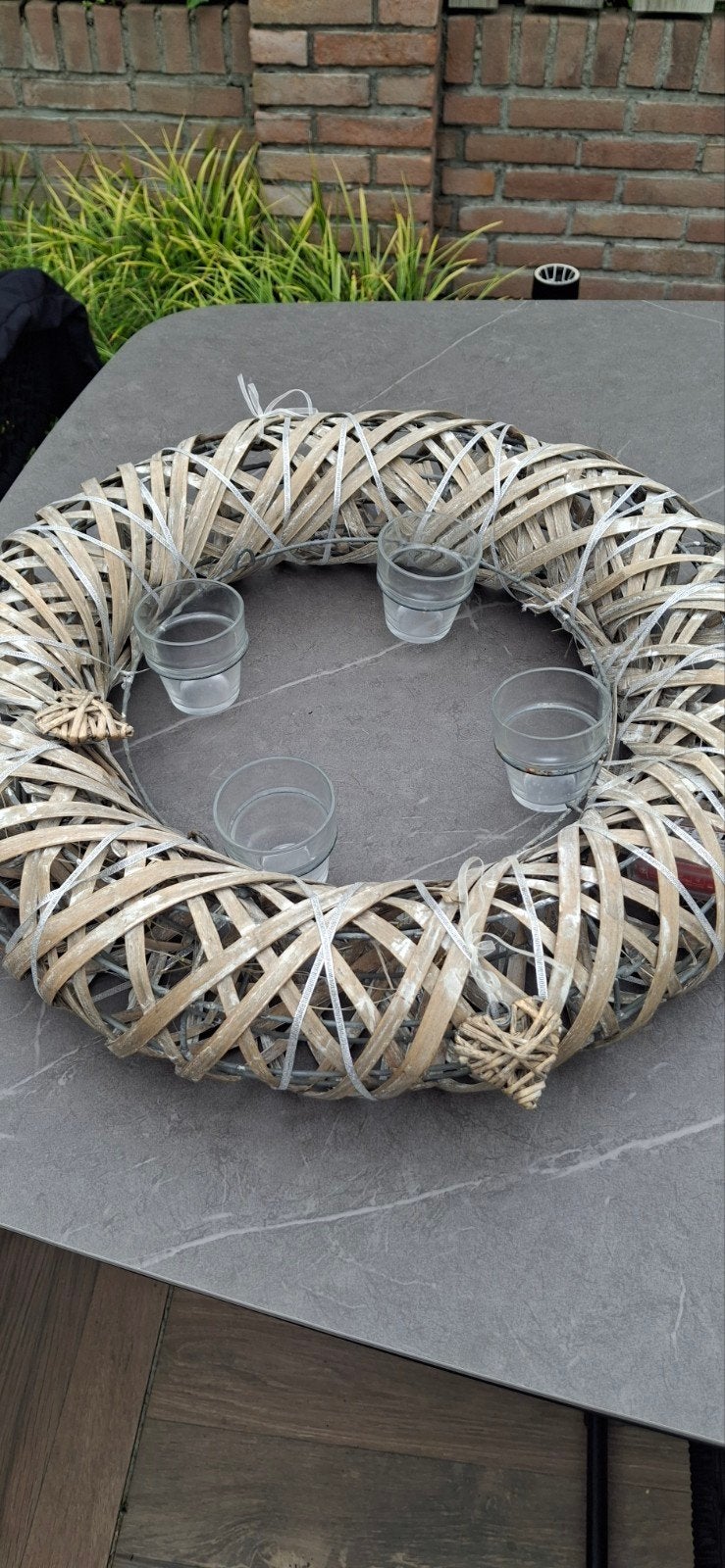 Decoratieve rieten krans met waxinelichthouders, Ophalen, Beige, Natuurlijk materiaal, Waxinelichthouder