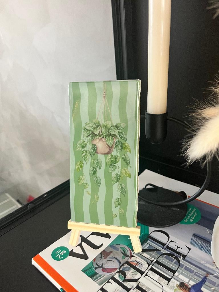 Tegeltje met print 7,5x15 cm - hangplant, Huis en Inrichting, Woonaccessoires | Wanddecoraties, Groen, 15 cm, 8 cm, Modern