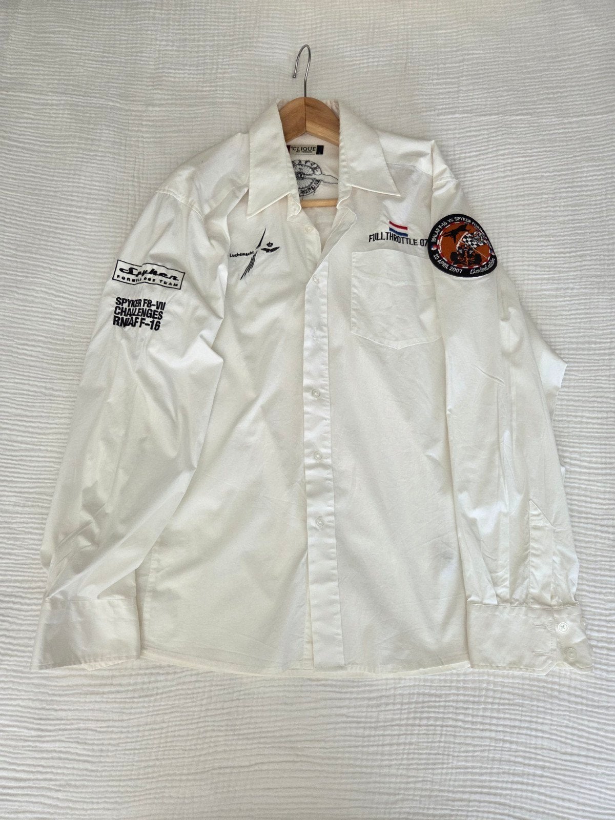 Witte Spyker F8-VII Challenge overhemd met patches, Wit, Spyker, Ophalen of Verzenden, Zo goed als nieuw