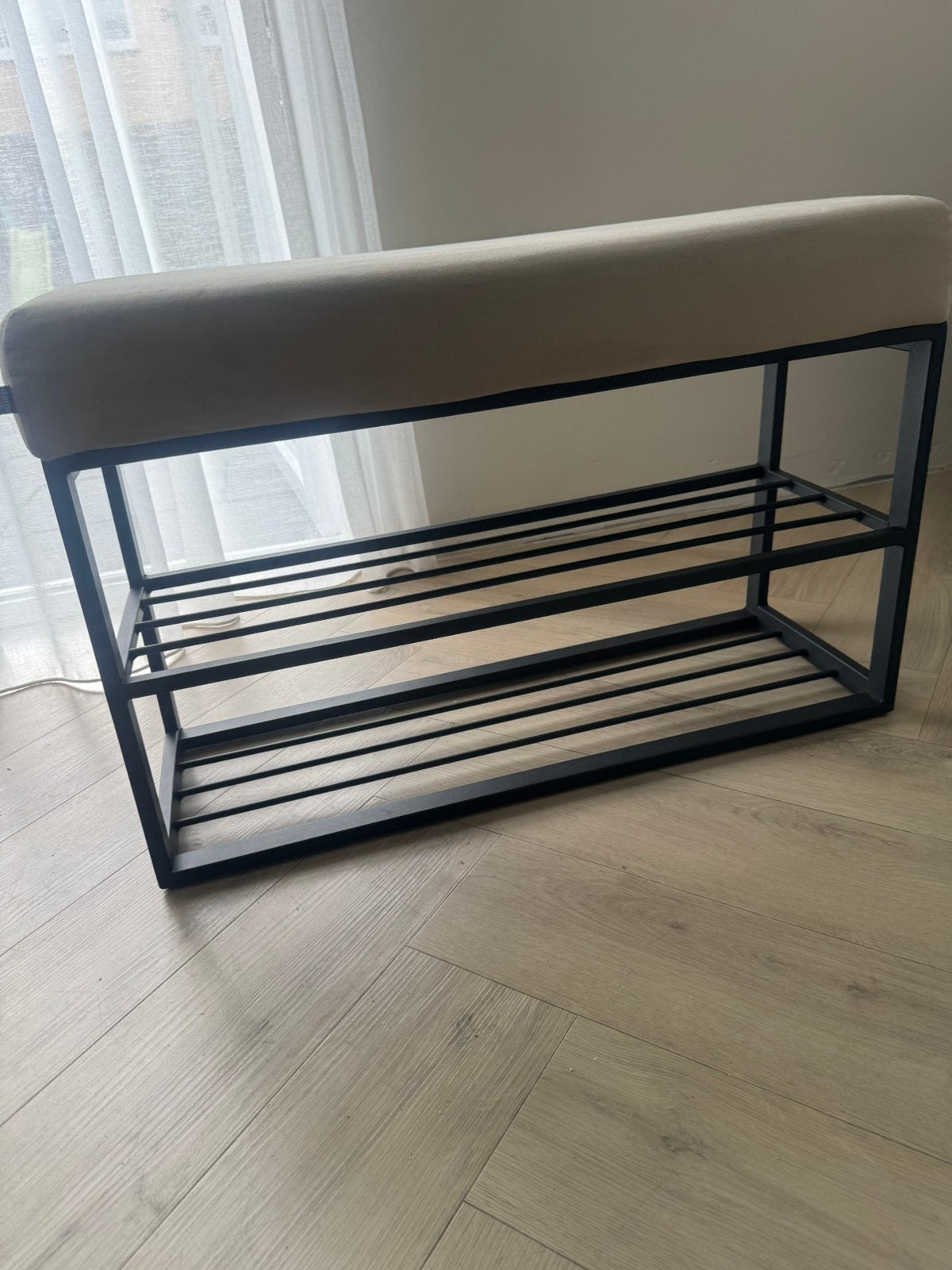 Schoenenbankje met rek- beige velvet, Huis en Inrichting, Ophalen, Zo goed als nieuw