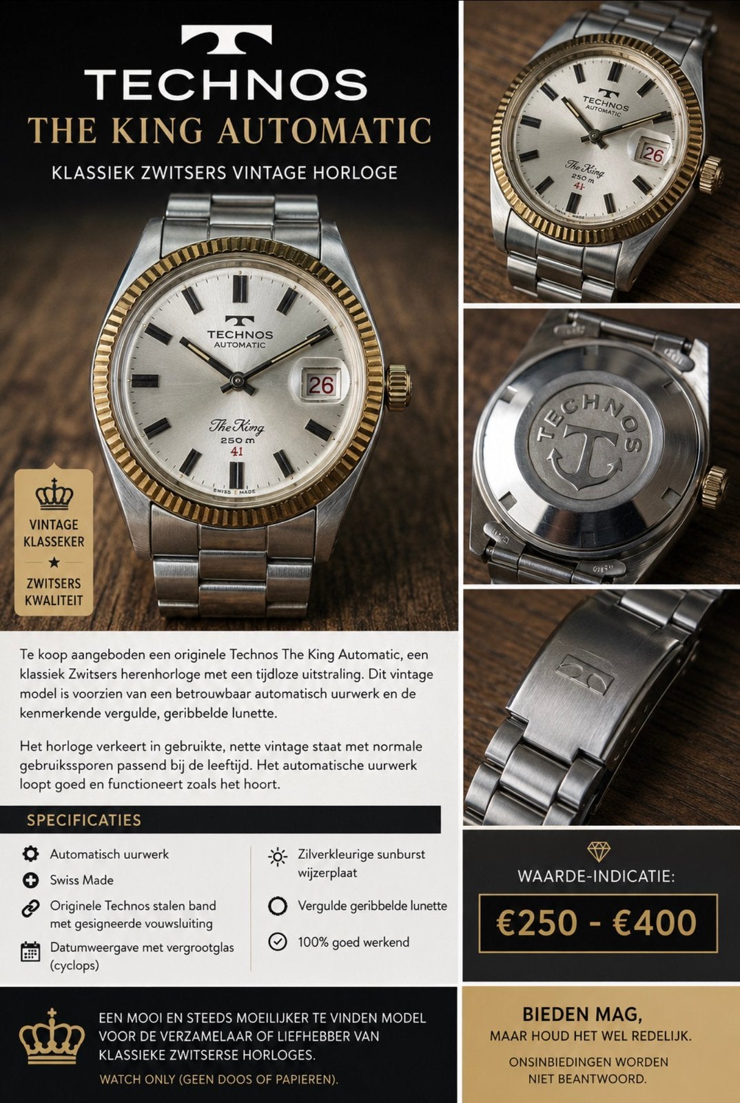 Technos The King Automatic – Vintage Swiss Made – Jaren ’70, Ophalen of Verzenden, Gebruikt
