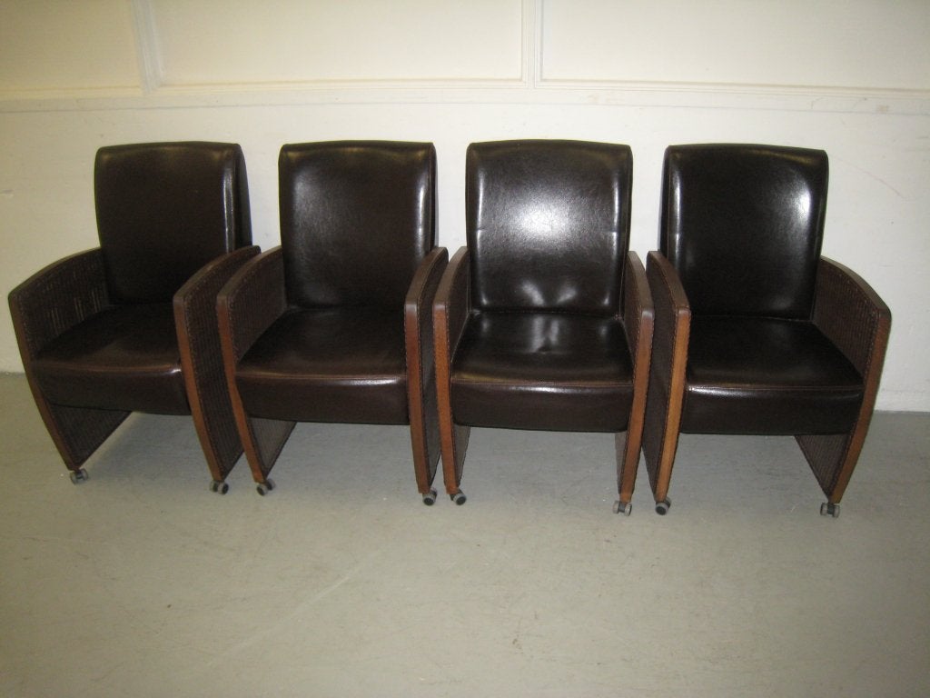4 Lloyd Loom eetstoelen op wieltjes, rotan en leer, Niet ingevuld, Gebruikt, Niet ingevuld, Niet ingevuld