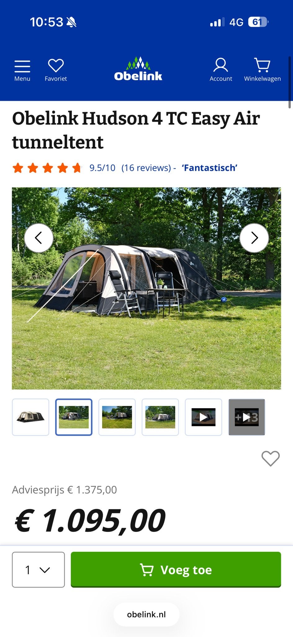 Obelink Hudson 4 TC Easy Air tunneltent, Ophalen, Zo goed als nieuw, Tot en met 4