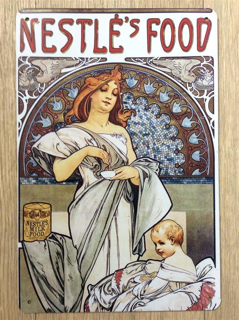 ALPHONSE MUCHA NESTLE Jugendstil Metalen Wandbord poster, Antiek en Kunst, Verzenden