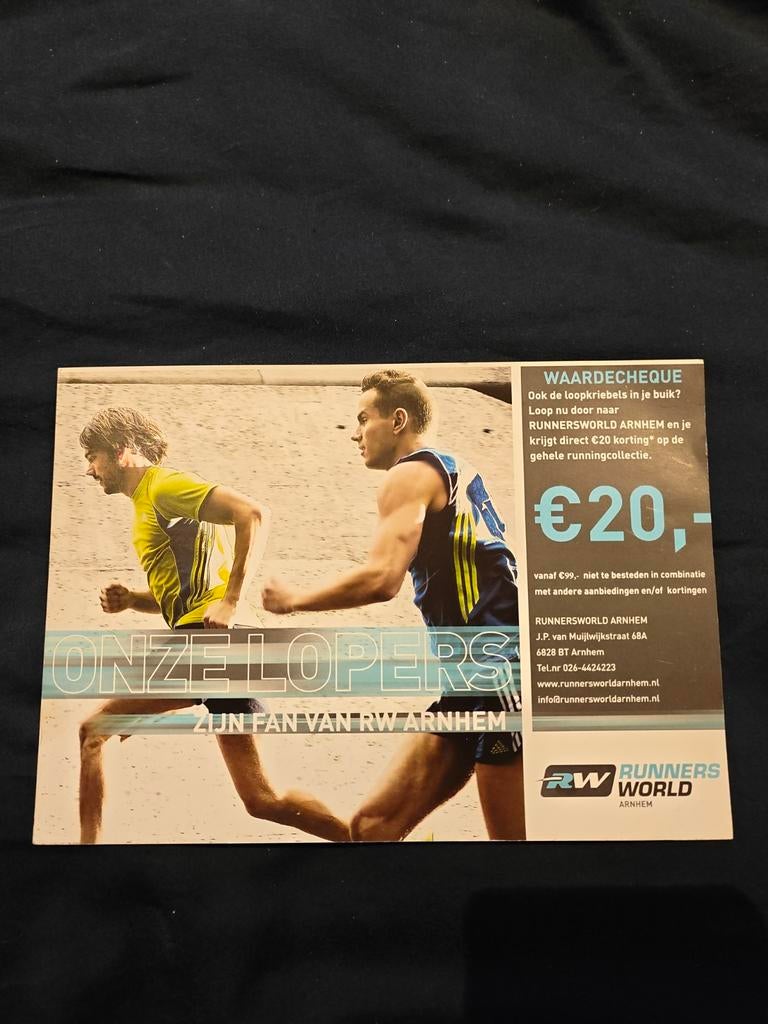 20 euro waarde cheque runnersworld arnhem, Tickets en Kaartjes, Eén persoon, Cadeaubon, Arrangement, Overige typen