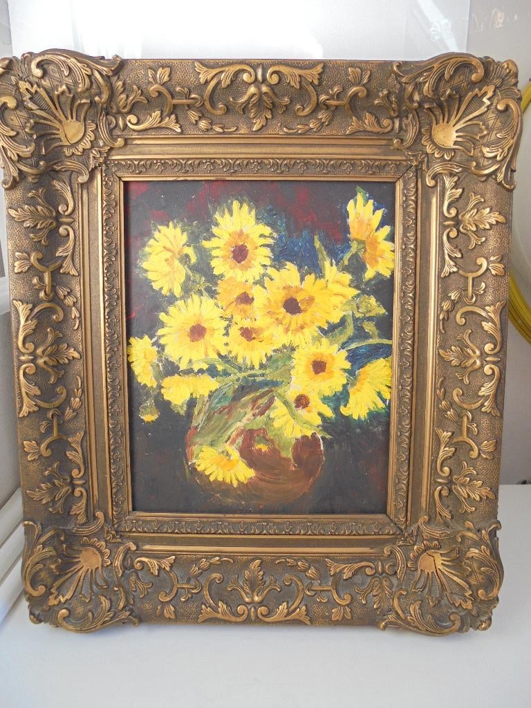 Schilderij gele bloemen met brede vergulde lijst, Ophalen