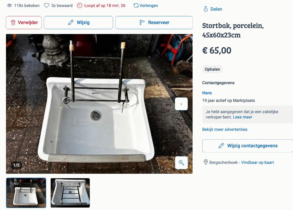 Stortbak, porcelein, 45x60x23cm € 65,00, Doe-het-zelf en Verbouw, Ophalen