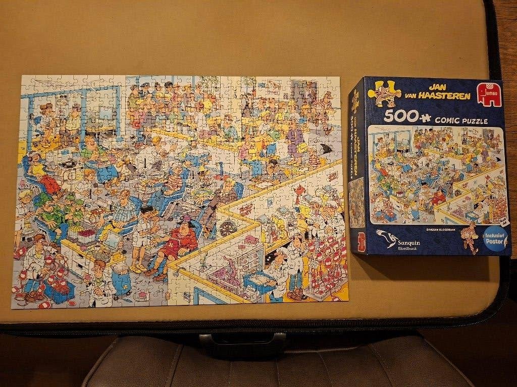 Jan van Haasteren Puzzel - 500 stukjes Sanquin bloedbank, Ophalen of Verzenden, 500 t/m 1500 stukjes, Gebruikt