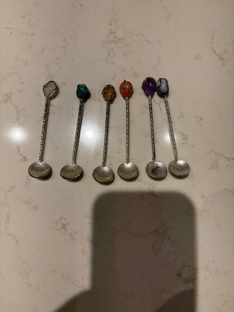 Set van 6 vintage theelepels met edelstenen en munten, Ophalen of Verzenden
