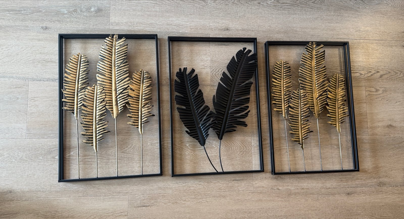 Set van 3 wanddecoraties met bladeren - Goud en Zwart, Ophalen, Metaal, Meerkleurig, Decoratieobject
