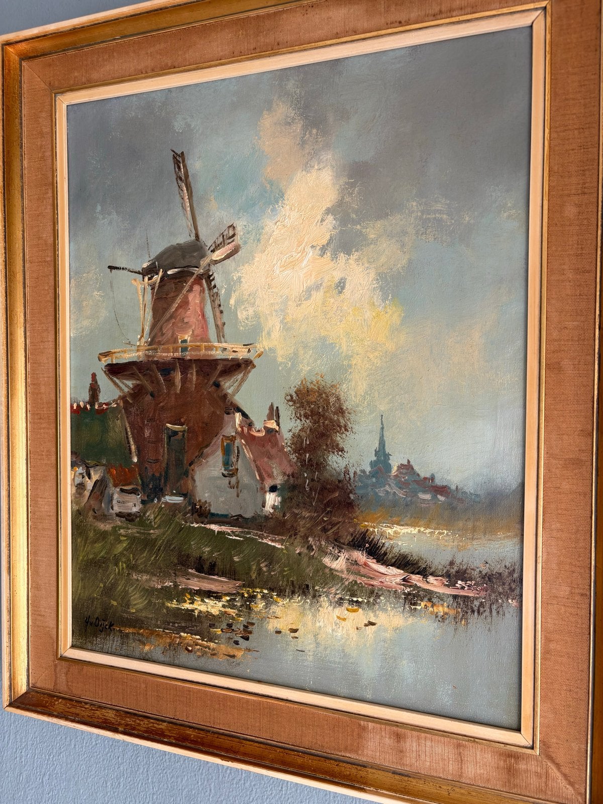 Schilderij van molen aan het water,  gesigneerd ', Doek, Ophalen of Verzenden, Gesigneerd, Landschap