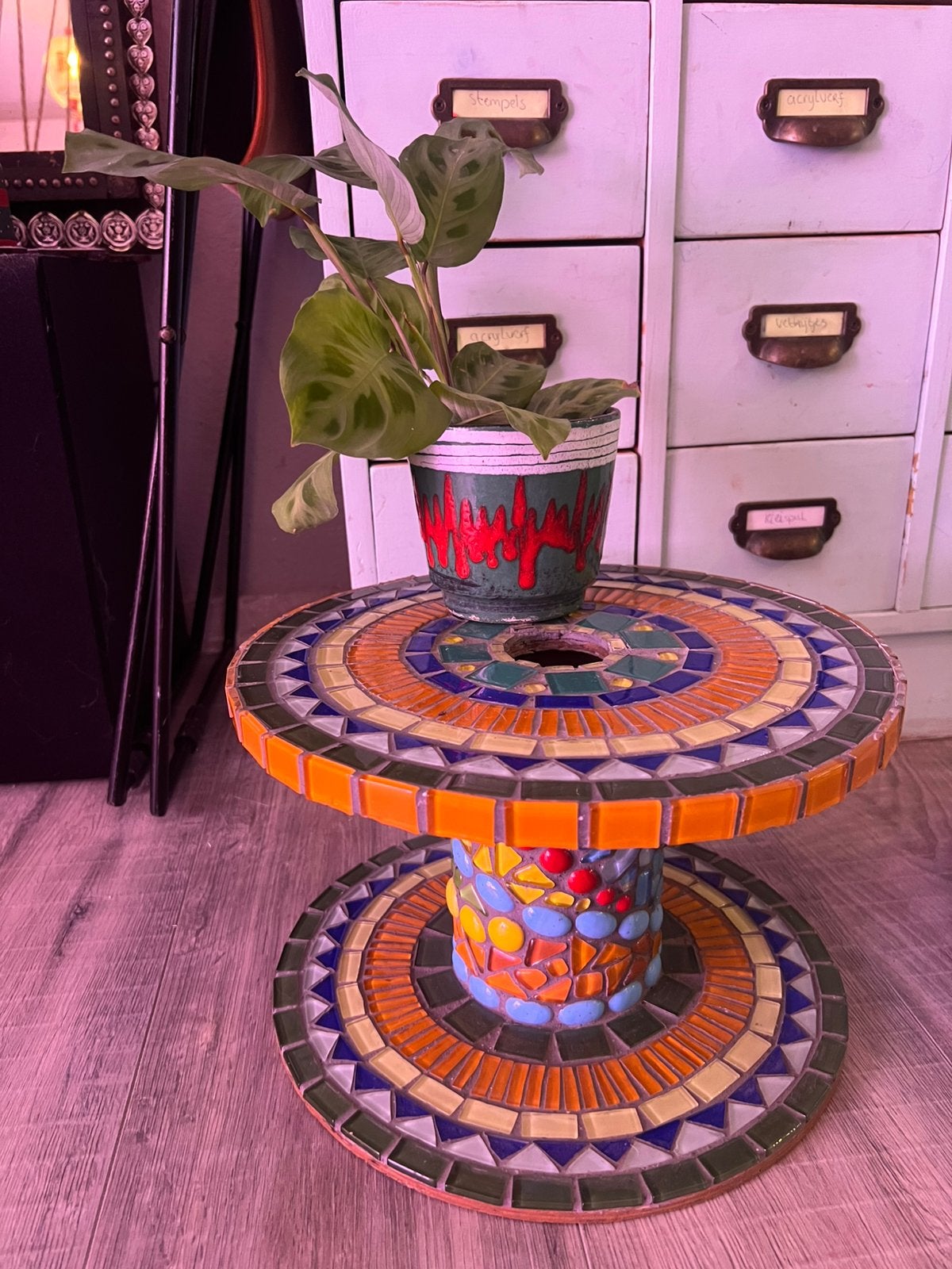 Vintage mozaiek tafeltje Plantentafeltje etagere handgemaakt, Minder dan 45 cm, Minder dan 55 cm, Vintage boho, Rond