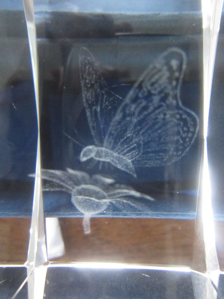 kristal glas laserblok met 3D afbeelding van vlinders uilen, Ophalen of Verzenden