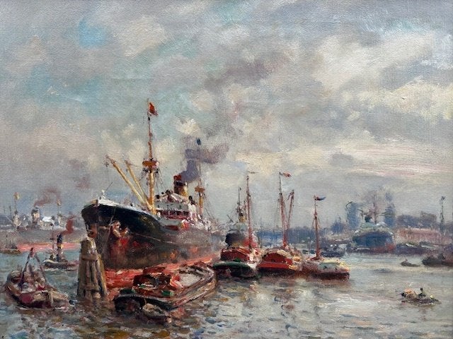 Schilderij Evert Moll (1878-1955 ) Rotterdamse haven., Maritiem / water, Doek, Impressionistisch, Ophalen of Verzenden