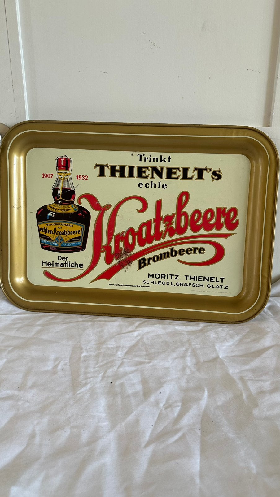 Vintage metalen reclamebord /dienblad Thienelt's Kroatzbeere, Ophalen of Verzenden, Zo goed als nieuw, Reclamebord, Plaat of Schild