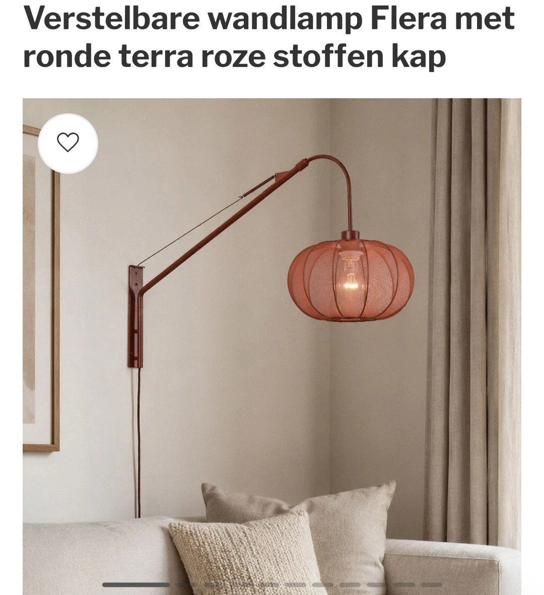 Verstelbare wandlamp Flera met ronde terra roze stoffen kap, Ophalen, Rood, Metaal, Nieuw