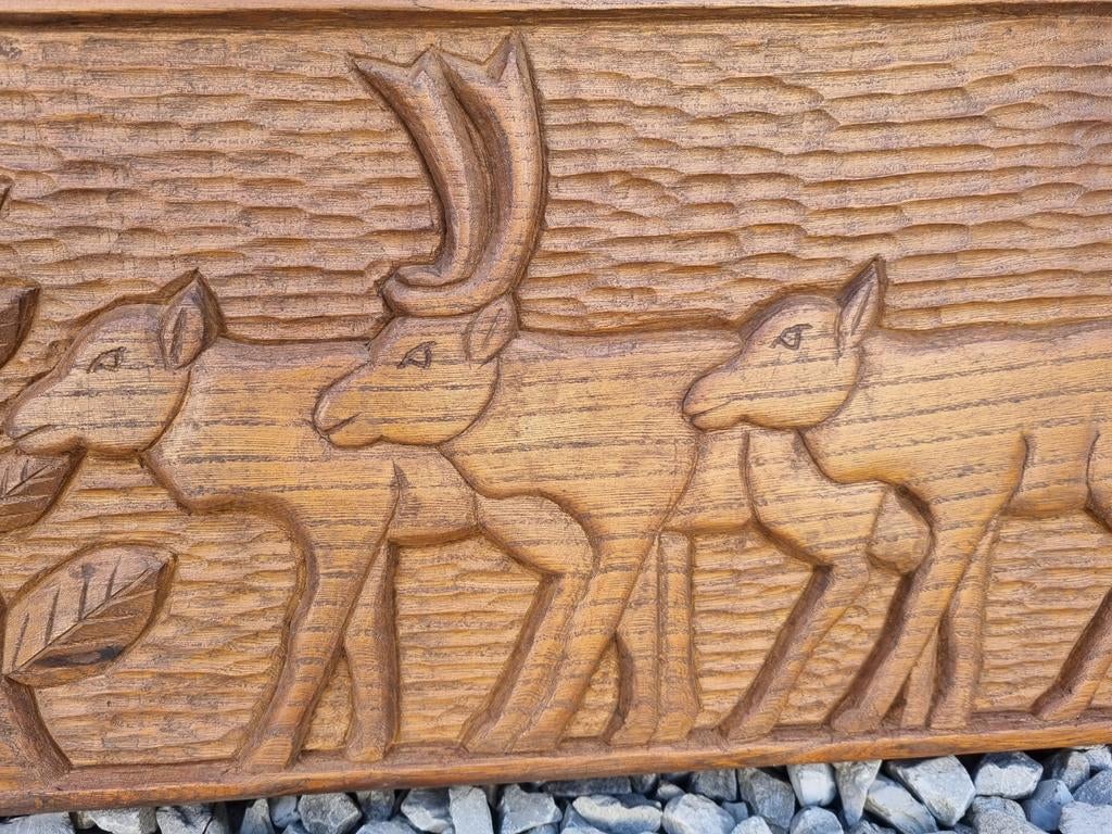 Houten wanddecoratie van 4 herten, handgemaakt houtsnijwerk, Huis en Inrichting, Gebruikt, Hout, 25 cm, Wandbord of Wandpaneel