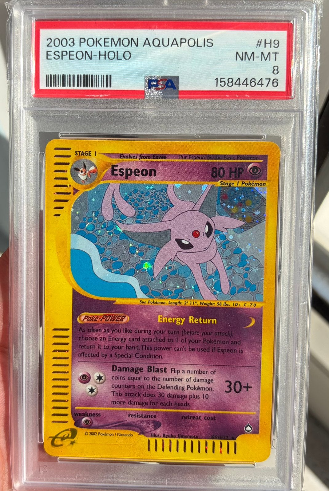 Espeon H9 PSA 8 holo Aquapolis new cert!, Ophalen of Verzenden, Zo goed als nieuw