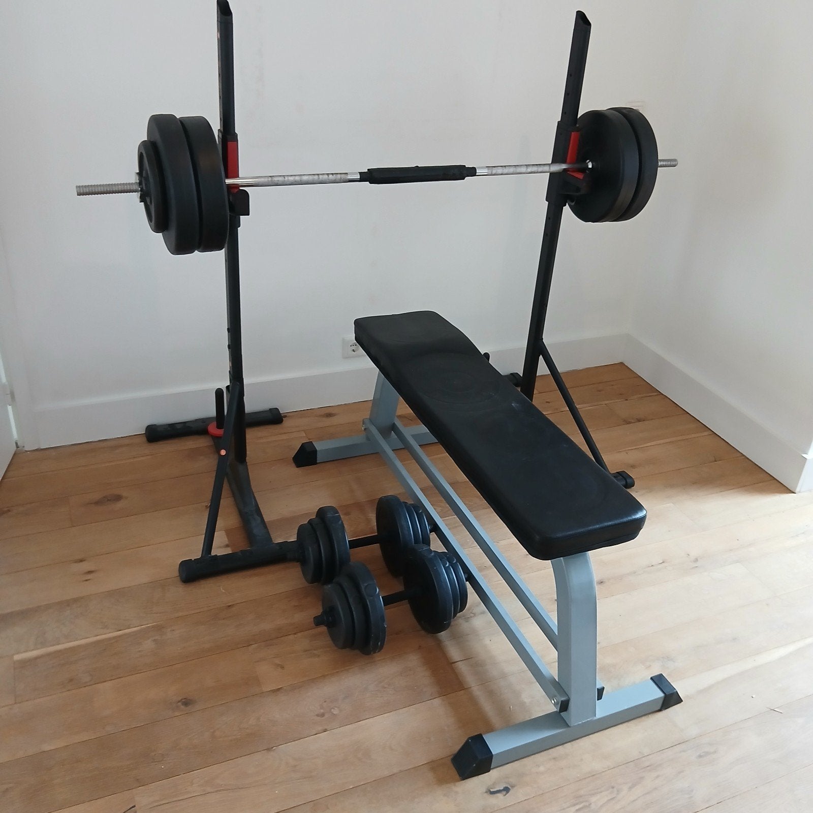 Complete fitness set: halterbank, halterstang en dumbbells, Sport en Fitness, Ophalen, Gebruikt, Armen, Fitnessbank