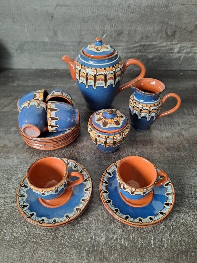 Authentiek Bulgaars Koffie/Theeservies - Troyan Blauw, Ophalen, Gebruikt, Overige stijlen, Aardewerk