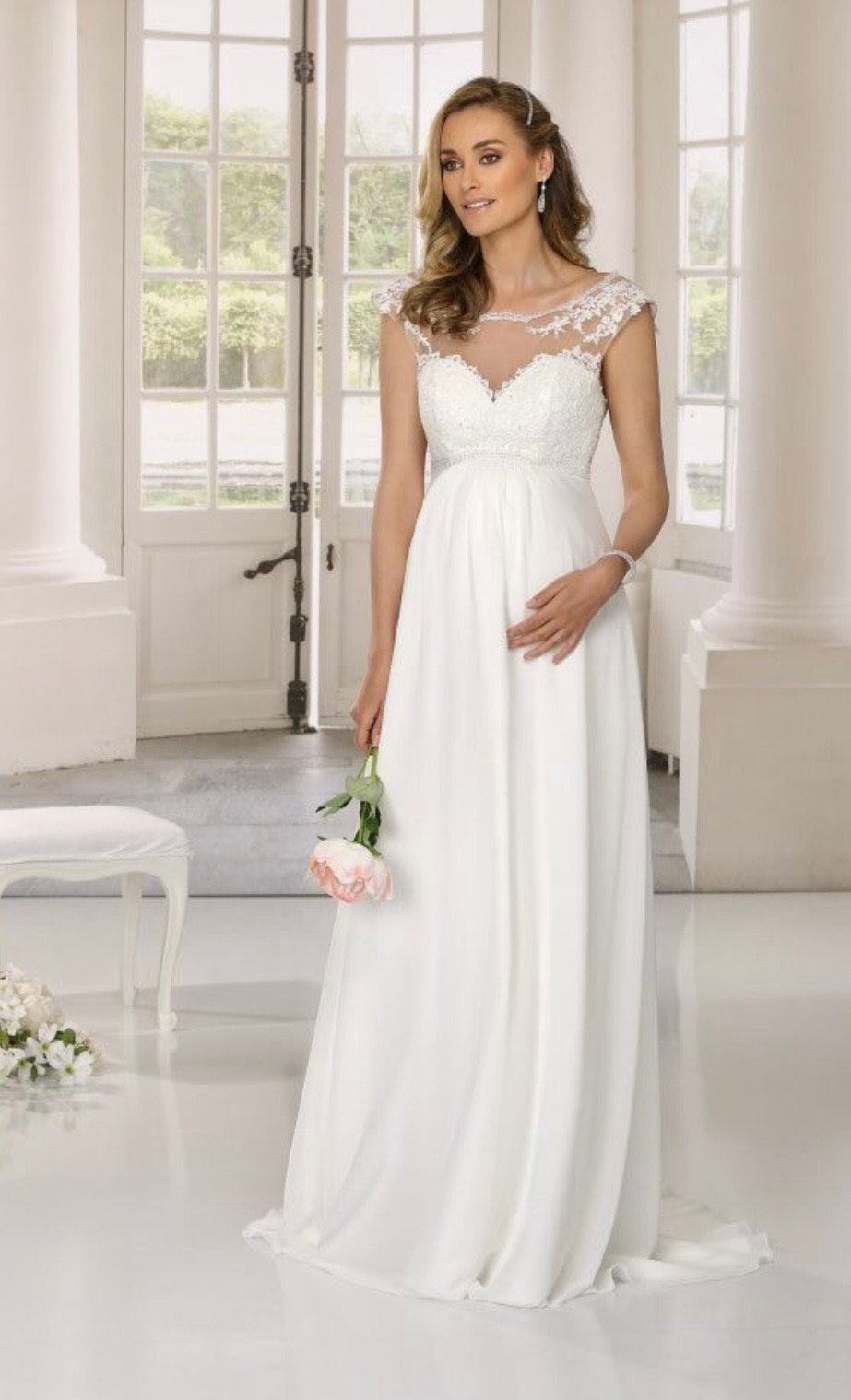 Elegante zwangerschaps trouwjurk - direct leverbaar, Kleding | Dames, Trouwkleding en Trouwaccessoires, Ophalen, Nieuw, Wit, Trouwjurk