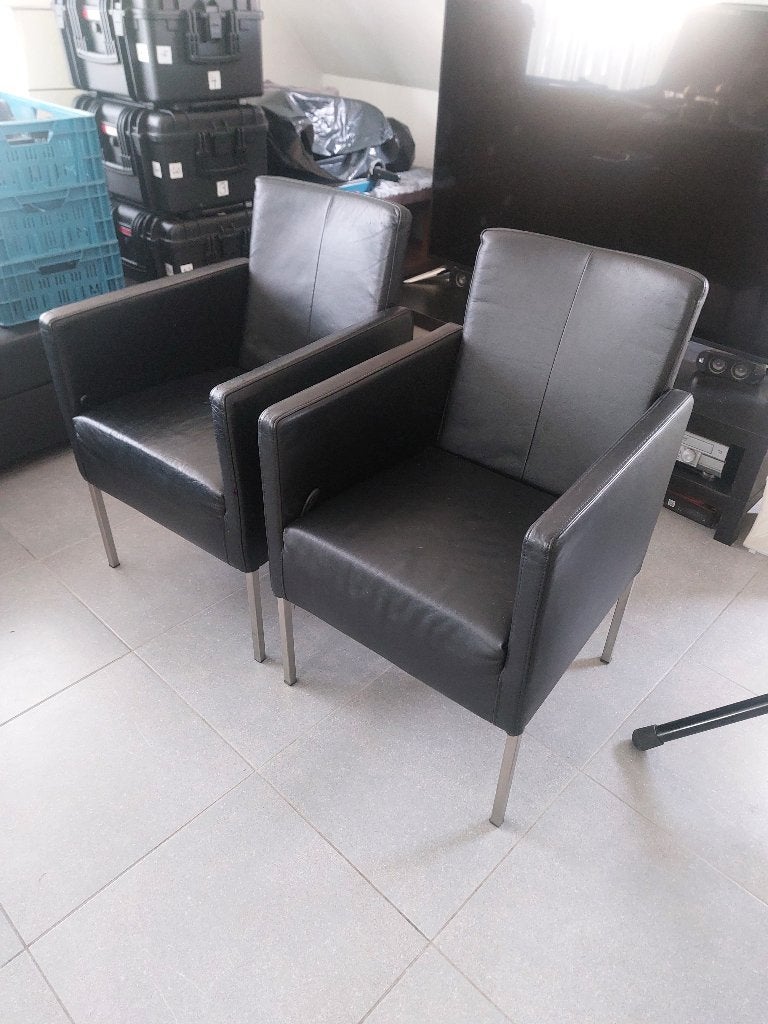 Eetstoel zwart leer (x2)      µ9z, Huis en Inrichting, Stoelen, Ophalen, Gebruikt, Zwart, Leer