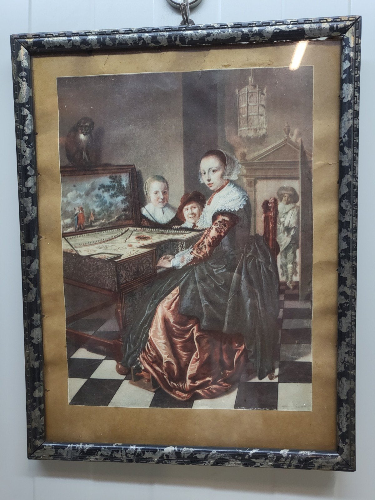 Klassiek schilderij: Dame aan het virginaal met kinderen, Portret of Personen, Realistisch, Achter glas, Ophalen of Verzenden
