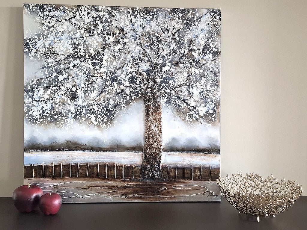 Groot modern kunstschilderij  ,,De boom,,, 3D-effect, Gemengde techniek, Textiel, Landschap