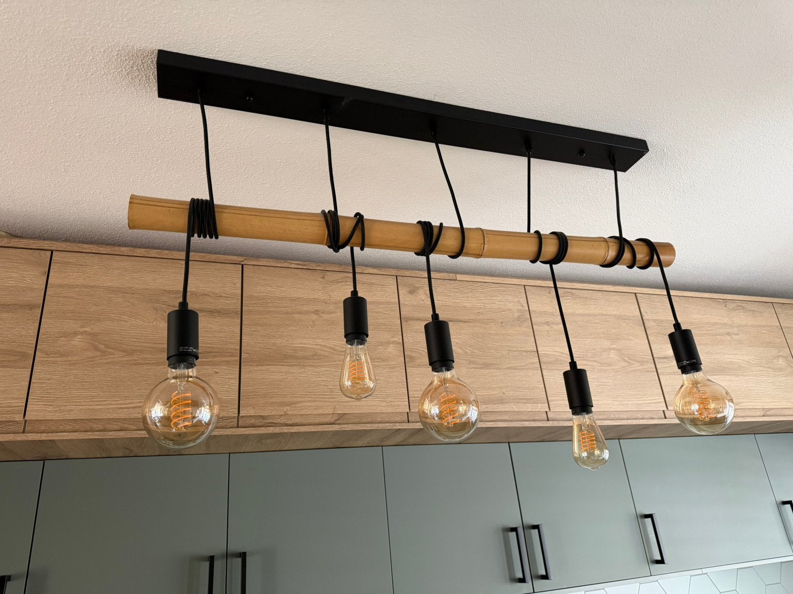 Qazqa Facilhanglamp 5 lichts met bamboe, Huis en Inrichting, Ophalen, Zo goed als nieuw, Stof, 75 cm of meer