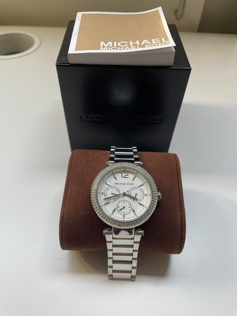 Michael Kors zilver horloge dames 38mm, Overige merken, Staal, Gebruikt, Polshorloge