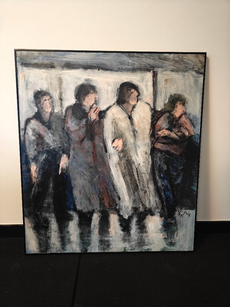Schilderij José van Gool - Wachten op Lijn 13 Amsterdam, Ophalen, Paneel, Gesigneerd, Expressionistisch