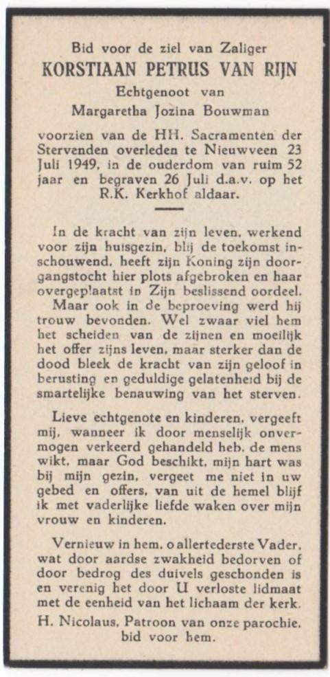 Korstiaan P. van Rijn 1897 + 1949 Nieuwveen, 52 jaar oud, Verzenden