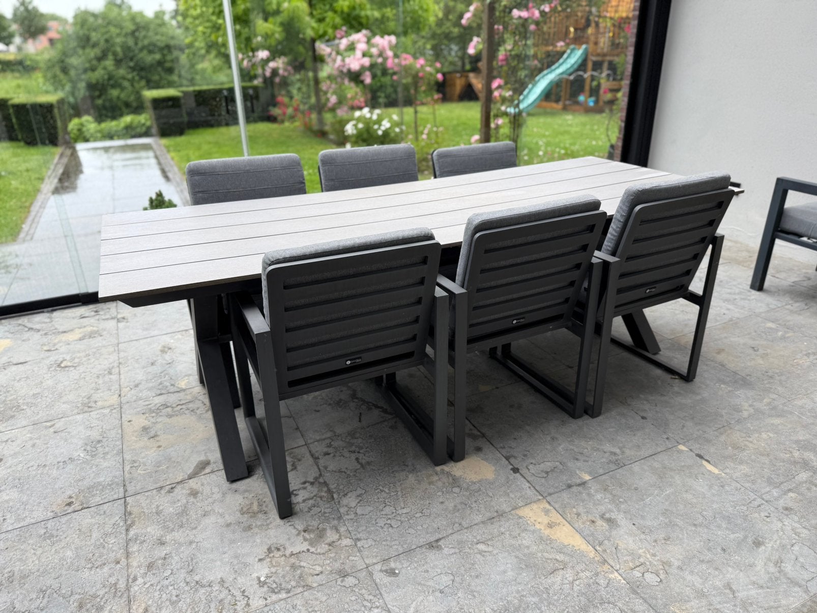6-persoons tuintafel (240x92) & 6 tuinstoelen met kussens, Ophalen, Zo goed als nieuw, Rechthoekig, Aluminium