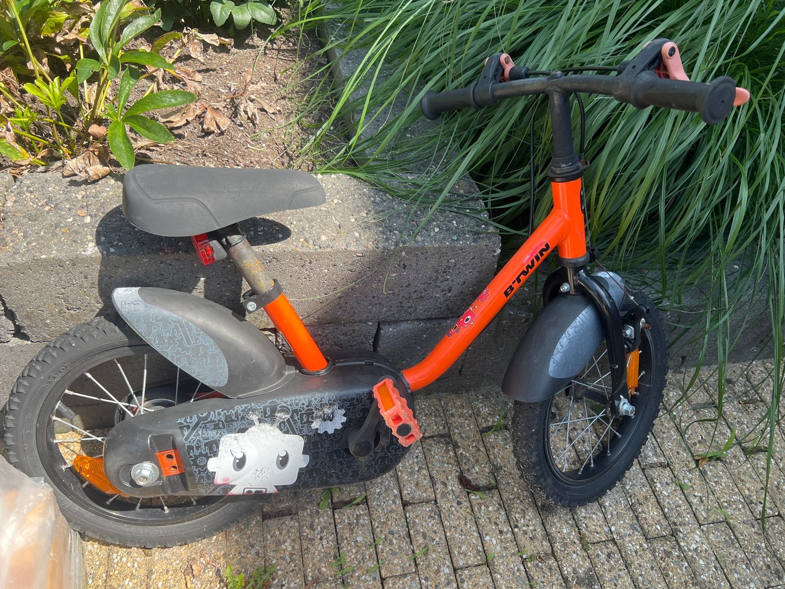 B'Twin kinderfiets 14 inch - Oranje, Ophalen, Gebruikt, Velgrem, Minder dan 16 inch