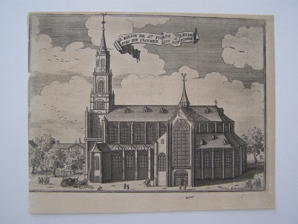 Originele gravure Sint-Pieterskerk Leiden Nederland 18e eeuw, Antiek en Kunst, Kunst | Etsen en Gravures, Origineel, Stadsgezicht