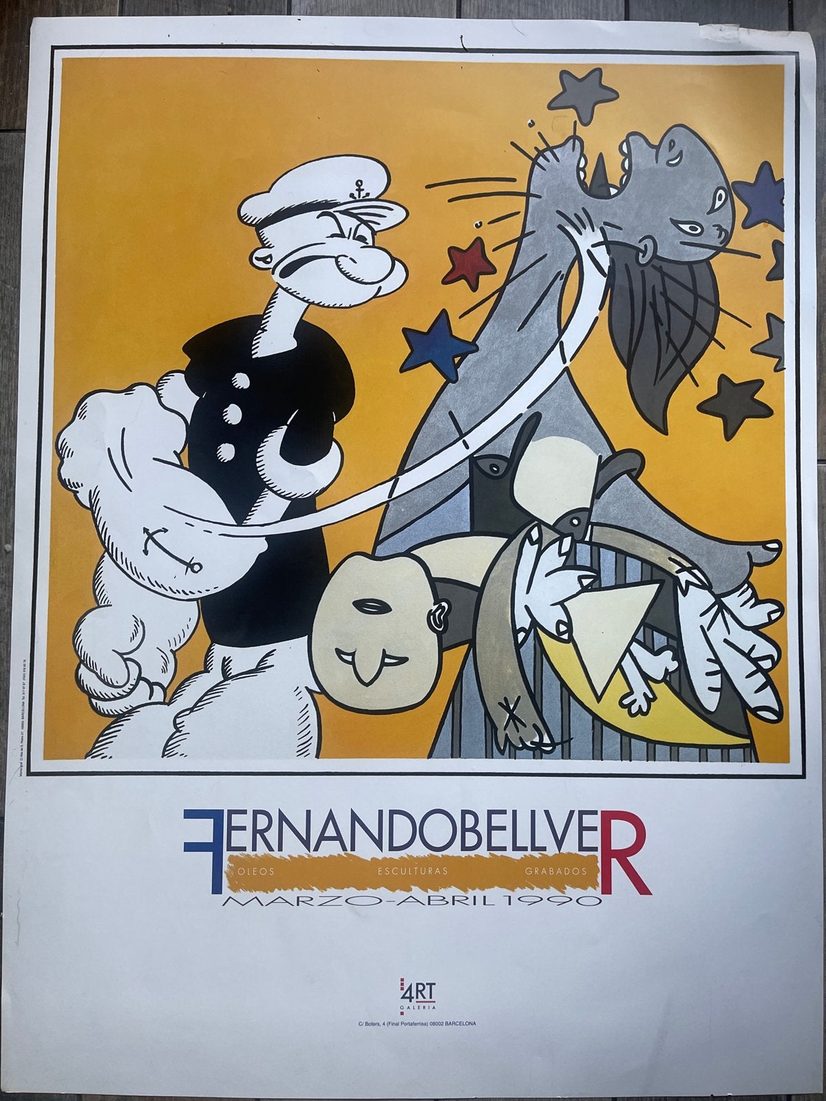 Vintage Popeye poster - Fernando Bellver expositie 1990, Ophalen of Verzenden, A1 t/m A3, Film en Tv, Rechthoekig Staand