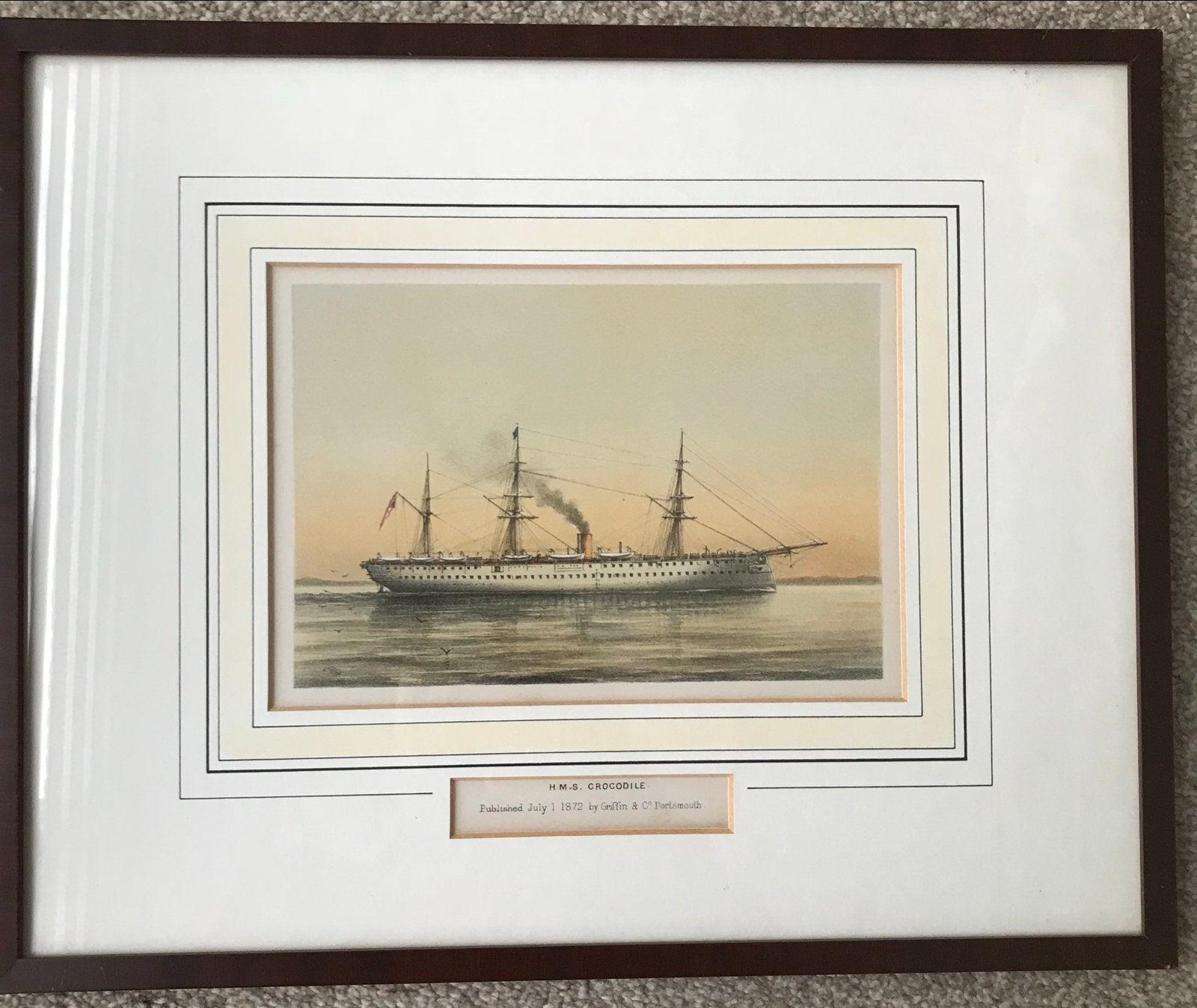 Antieke prent H.M.S. Crocodile (1872) ingelijst, Ophalen, Print, Prent, Ingelijst