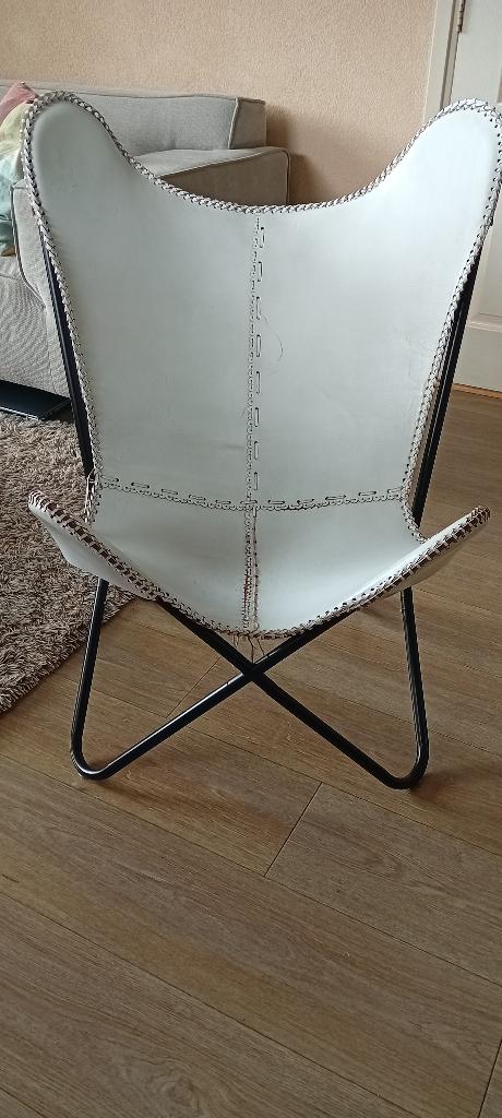 Vlinderstoel echt leer, Huis en Inrichting, Stoelen, Ophalen, Gebruikt, Wit, Leer